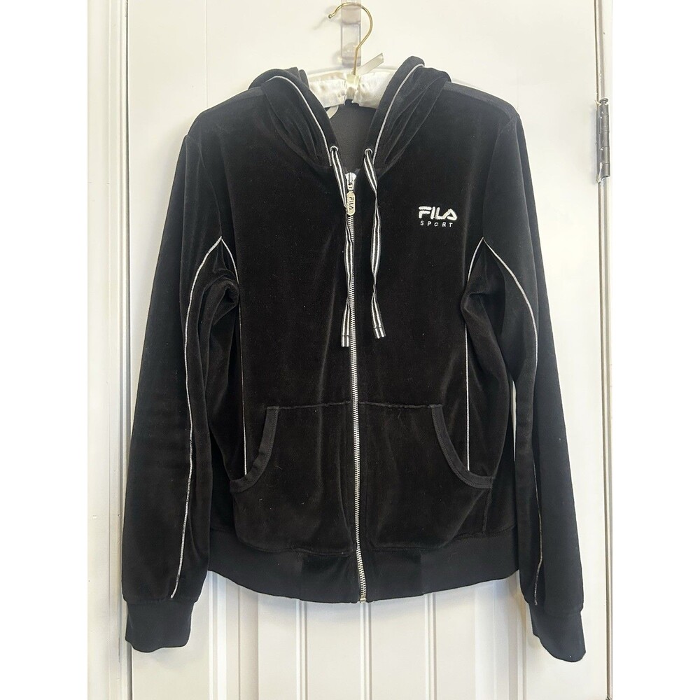 Fila Black Velour Zip Up Hoodie Track Jacket Coral White Stripe Womens Medium - Picture 9 of 16